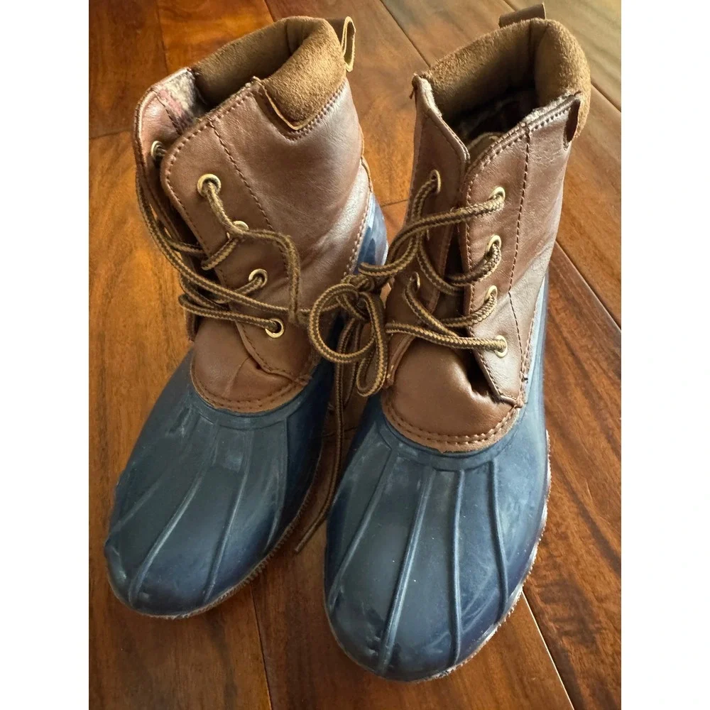 Adrienne Vittadini Duck Boots Girls Size 4 Navy Brown Excellent Gavin-17K Rain